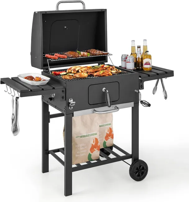 COSTWAY Barbacoa Carbon XXL 128 cm Portátil con Termómetro y Mesas Plegables