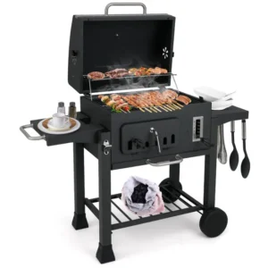 COSTWAY Barbacoa Carbon XXL 132 cm Portátil con Termómetro y Mesas Plegables